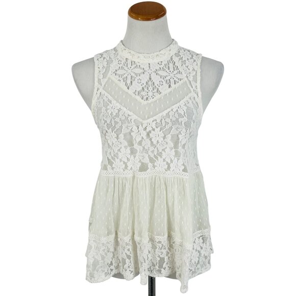 Free People White Vintage Inspired Sheer Floral Lace Mock Neck Casual Boho Top - Picture 2 of 16